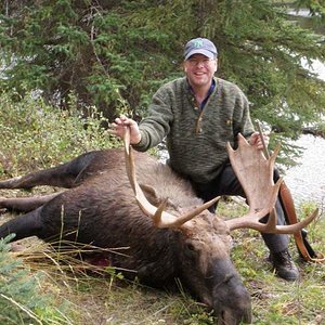 My first moose (and hopefully not my last!) shot in the river inlet to Kluskoil Lake, BC. Watched him march all the way across the river until he was 