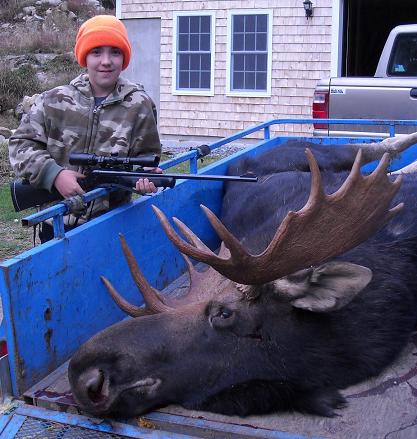 Stephen's first kill, not bad for an eleven year old. 740 lb w/ 43 in spread. 2009 Maine Moose Hunt